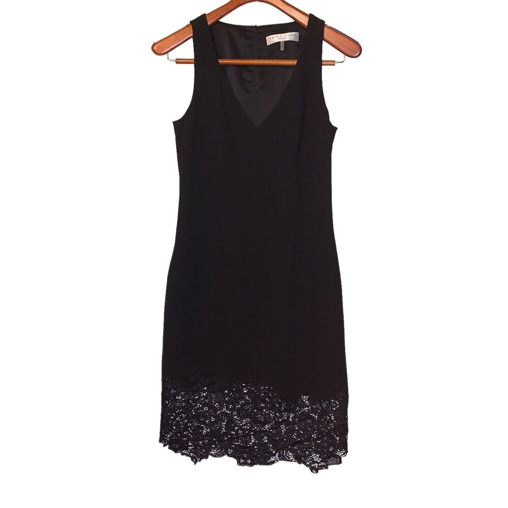 TRINA TURK Black Sleeveless V-Neck Midi Dress Crochet Hem Women's 4
